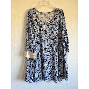 Woman Within Blue Floral Blouse 3/4 Sleeve Crochet Round Neck Size 1X